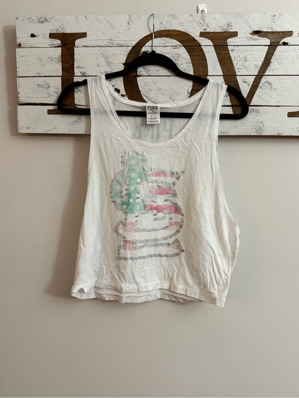 PINK Victoria's Secret White Cropped Graphic Tank with Faded Red & Green Print